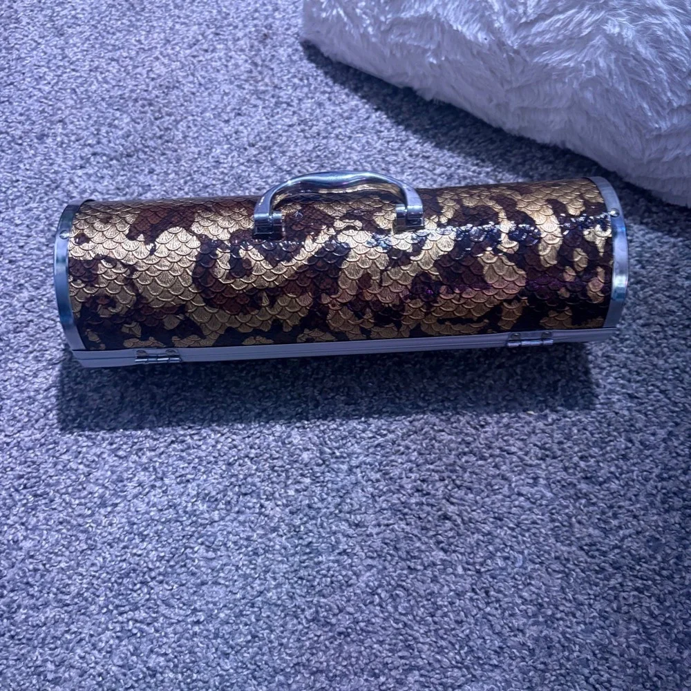 Unbranded Cylindrical Hard Case Women OS Gold Brown Good Metallic‎ Fan Pattern